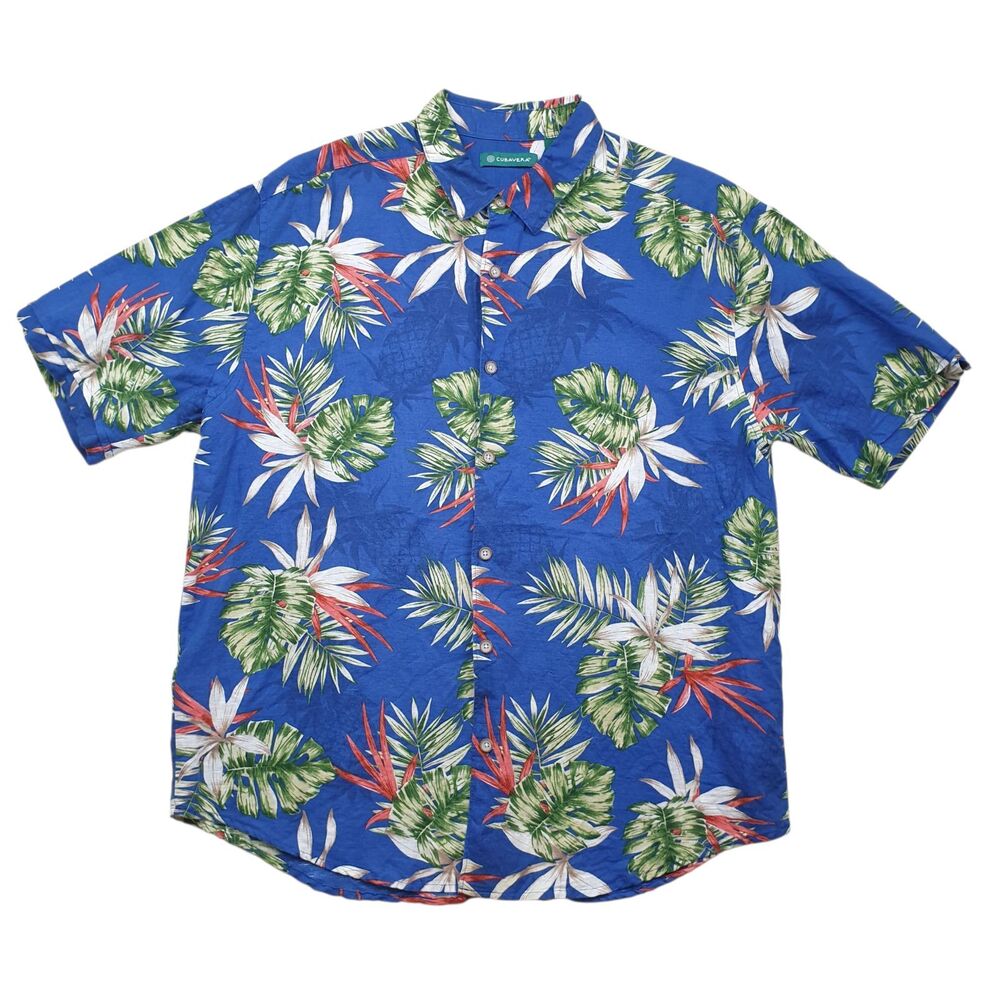 Cubavera Hawaiian Linen Shirt Mens Large Blue Tropical Floral Short Sleeve - Picture 2 of 8